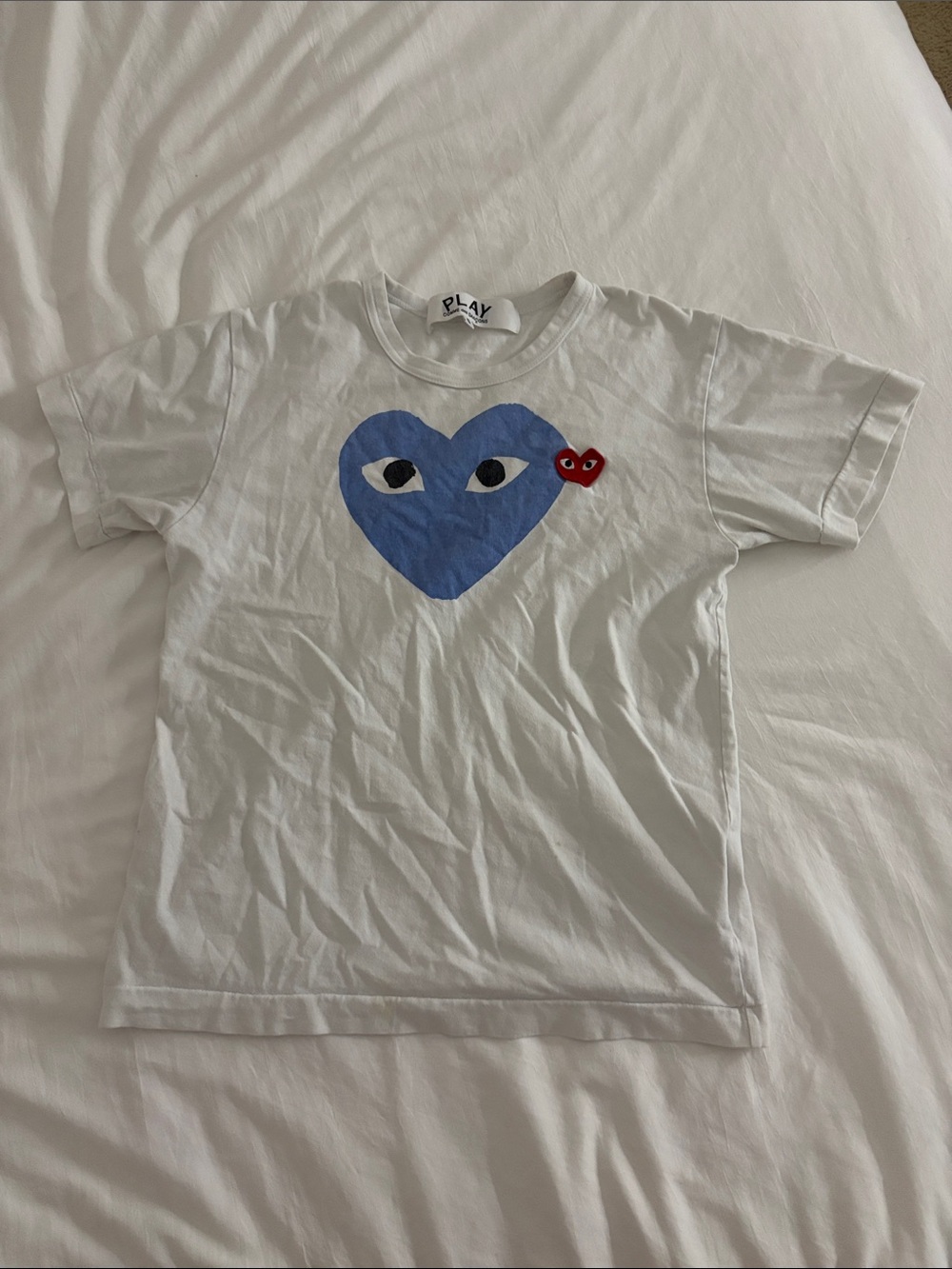 Comme des Garcons PLAY White Tee with Blue and Red Heart Logos